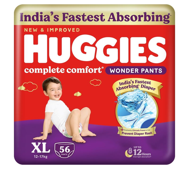 Huggies Complete Comfort Wonder Pants | Pant Style Baby Diapers Extra Large Size (XL), 56 Count | India's Fastest Absorbing Diaper, Prevents Diaper Rash, Ideal for 12 to 17 Kgs - Image 1