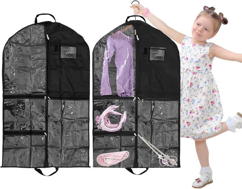 windforgecraft 2Pcs Kids Garment Bags for Dance Costumes Dance Costume Bags Kids Dress Bag with 6 Zipper Pockets Portable Garment Protector with Handle Wardrobe Storage Bag Clear for Dancer Girls Boys (Black) - Image 1