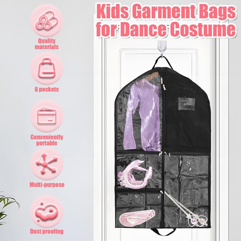 windforgecraft 2Pcs Kids Garment Bags for Dance Costumes Dance Costume Bags Kids Dress Bag with 6 Zipper Pockets Portable Garment Protector with Handle Wardrobe Storage Bag Clear for Dancer Girls Boys (Black) - Image 2