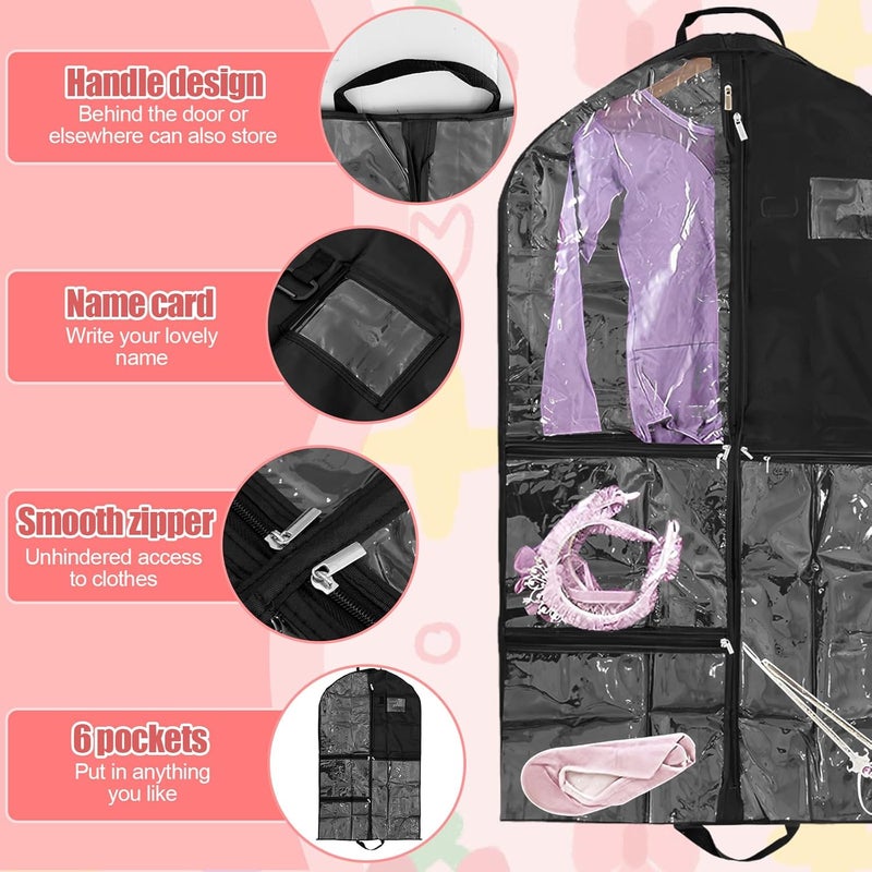 windforgecraft 2Pcs Kids Garment Bags for Dance Costumes Dance Costume Bags Kids Dress Bag with 6 Zipper Pockets Portable Garment Protector with Handle Wardrobe Storage Bag Clear for Dancer Girls Boys (Black) - Image 4