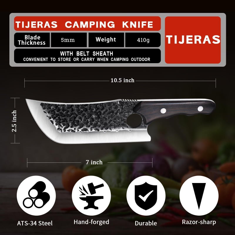 TIJERAS مجموعة سكاكين جزار، 3 قطع سكين لحم مطروق يدويًا، سكين شيف صربي، سكاكين فايكنغ مع أغماد، مجموعة سكاكين شيف لتقطيع اللحم للمطبخ والتخييم والشواء، هدايا للرجال والنساء - Image 4