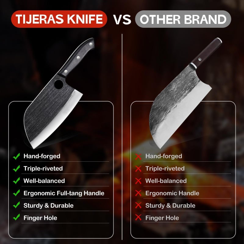 TIJERAS مجموعة سكاكين جزار، 3 قطع سكين لحم مطروق يدويًا، سكين شيف صربي، سكاكين فايكنغ مع أغماد، مجموعة سكاكين شيف لتقطيع اللحم للمطبخ والتخييم والشواء، هدايا للرجال والنساء - Image 3