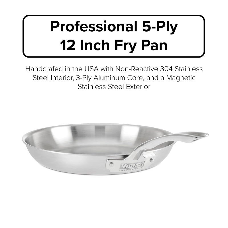 Viking 5-Ply Non Stick Frying Pan, 12 Inch Stainless Steel Kitchen Cookware, Silver - Image 2
