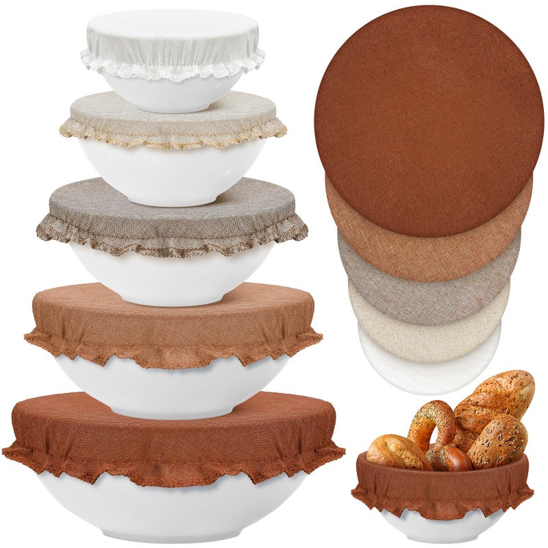 Patelai 10 Pcs Bowl Covers Reusable in 5 Size Stretch Cloth Fabric Elastic Food Storage Bowl Covers Bread Sourdough Lids for Proofing Food Fruits Leftover(Brown,Earth Tone Style) - Image 1