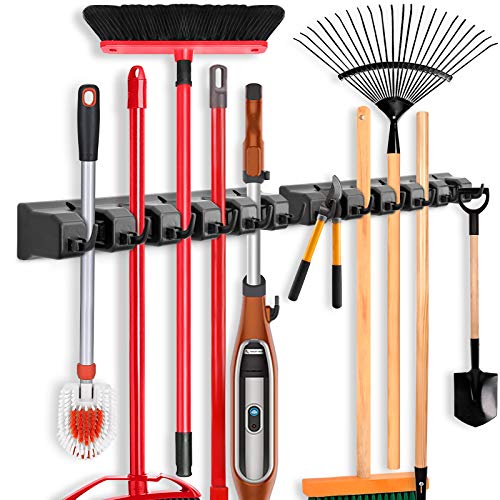 IMILLET 2 Pack Mop and Broom Holder, Wall Mounted Organizer Mop and Broom Storage Tool Rack with 5 Ball Slots and 6 Hooks (Black) - Image 1