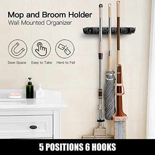 IMILLET 2 Pack Mop and Broom Holder, Wall Mounted Organizer Mop and Broom Storage Tool Rack with 5 Ball Slots and 6 Hooks (Black) - Image 3