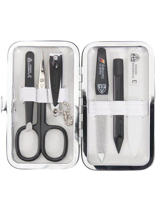 3 Swords Germany Brand Quality 6 Piece Manicure Pedicure Grooming kit Set - Scissors, Metal and Glass Nail File, Clipper, Tweezers with Synthetic Leather case - White/Black Tools - Image 1