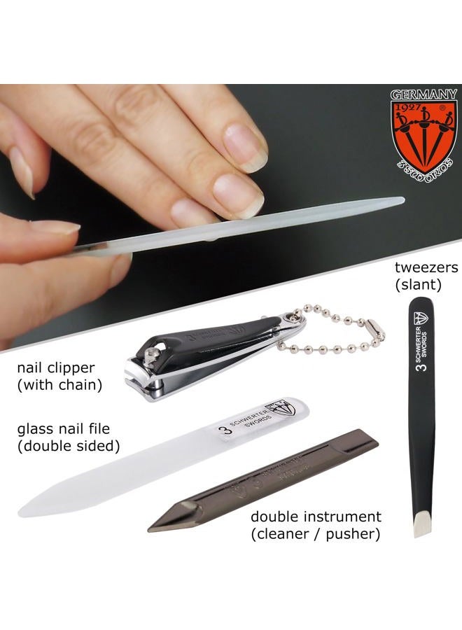 3 Swords Germany Brand Quality 6 Piece Manicure Pedicure Grooming kit Set - Scissors, Metal and Glass Nail File, Clipper, Tweezers with Synthetic Leather case - White/Black Tools - Image 3