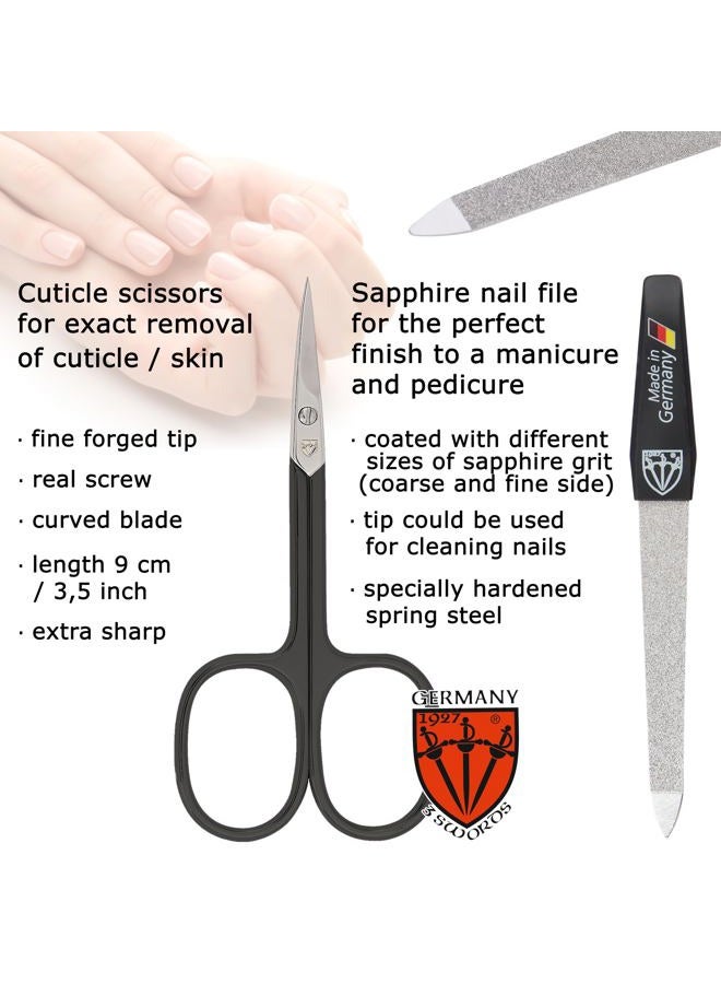 3 Swords Germany Brand Quality 6 Piece Manicure Pedicure Grooming kit Set - Scissors, Metal and Glass Nail File, Clipper, Tweezers with Synthetic Leather case - White/Black Tools - Image 2