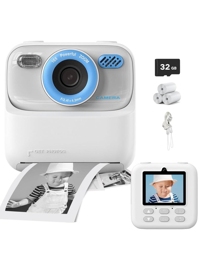 meoonley Kids Camera Instant Print, 1080P HD Instant Digital Cameras, Video Recorder Selfie Cameras, Christmas Birthday Gifts for Boys Girls Age 3 4 5 6 7 8 9 10 with Print Photo Paper & 32GB SD Card, White - Image 1