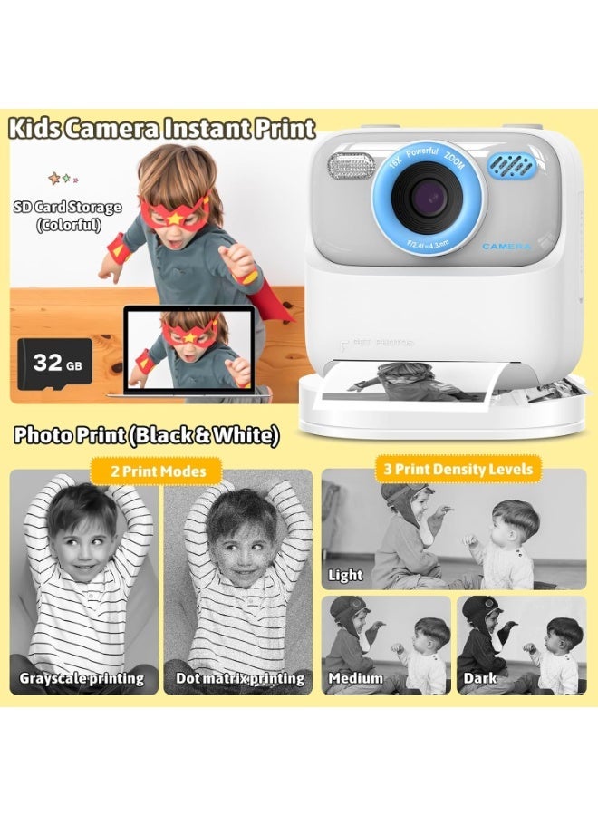 meoonley Kids Camera Instant Print, 1080P HD Instant Digital Cameras, Video Recorder Selfie Cameras, Christmas Birthday Gifts for Boys Girls Age 3 4 5 6 7 8 9 10 with Print Photo Paper & 32GB SD Card, White - Image 2