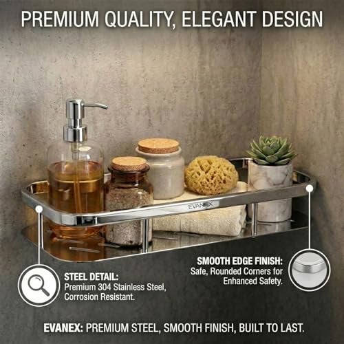 EVANEX 12x5 Inch Bathroom Storage Shelf | 304 Stainless Steel Wall-Mounted Storage Organizer | Bathroom Rack | Multi-Purpose Wall Shelf | Bathroom Accessories Set - Image 2