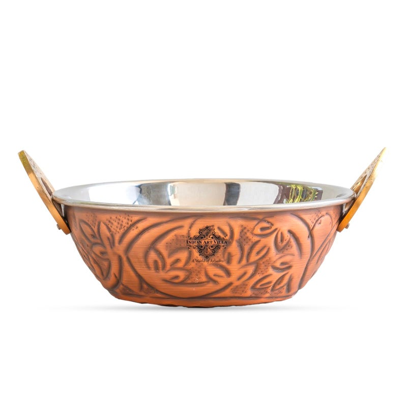 INDIAN ART VILLA Steel Copper Kadhai for Serving with Embossed Design - Traditional Handcrafted Copper Serveware & Tableware, Antique Finish, 700 ml Capacity, Pack of 1 - Image 1