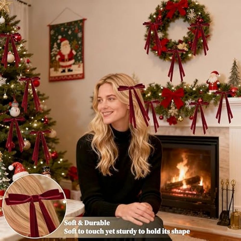 Arabest 24 Pcs  Bows for Tree, Wine Red Velvet Ribbon Bow for  Tree, Pre-Tied Vintage Xmas Bows for Xmas Trees Wreaths Gifts Wedding Indoor Outdoor Decorations, 5 x 7 Inch - Image 4