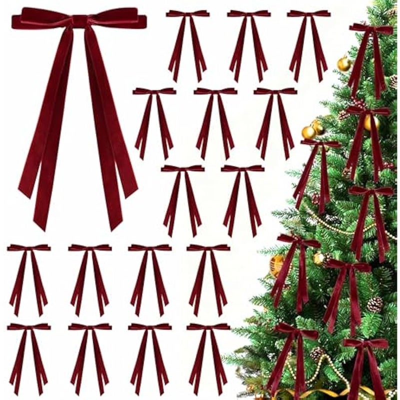 Arabest 24 Pcs  Bows for Tree, Wine Red Velvet Ribbon Bow for  Tree, Pre-Tied Vintage Xmas Bows for Xmas Trees Wreaths Gifts Wedding Indoor Outdoor Decorations, 5 x 7 Inch - Image 1