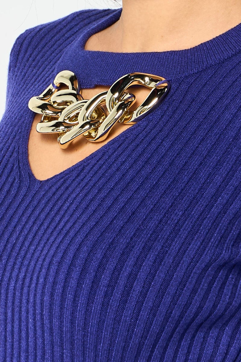 PINKO بلوزة نسائية بأكمام طويلة وياقة دائرية، لون أزرق غامق - Image 5