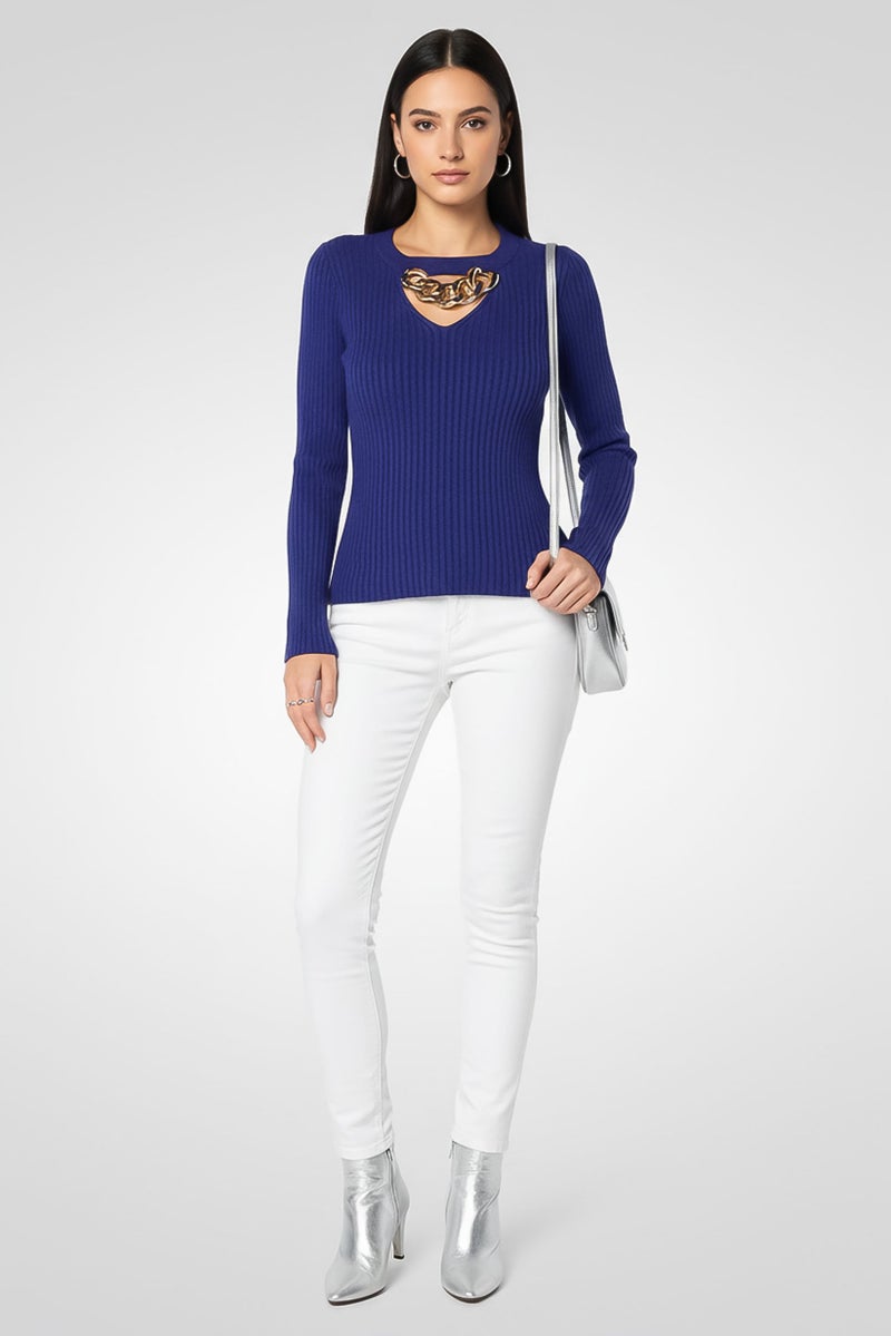 PINKO بلوزة نسائية بأكمام طويلة وياقة دائرية، لون أزرق غامق - Image 1