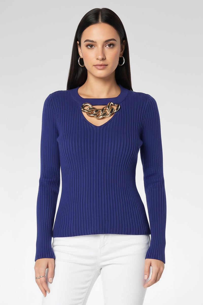 PINKO بلوزة نسائية بأكمام طويلة وياقة دائرية، لون أزرق غامق - Image 1