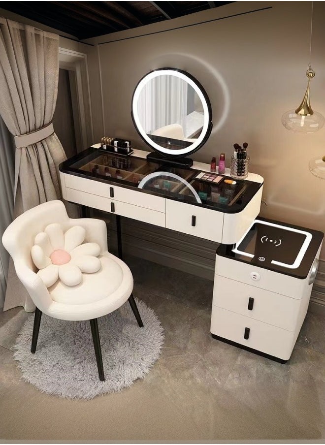 fashionhome Set of 2 Smart Dressing Table and Chair Set Multifunction Vanity Makeup Desk with HD Adjustable Tri Color LED Lights Mirror Wireless Charging Bluetooth Speaker Glass Tabletop 5 Drawers Storage and Ergonomically Design Cushioned Stool Chair for Living Room Bedroom 150x40x126 and 53x75 cm 