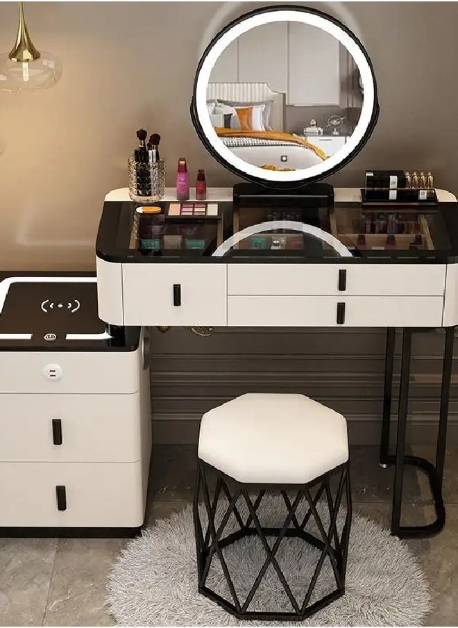 fashionhome Set of 2 Smart Dressing Table and Vanity Stool Set Multifunction Vanity Makeup Desk with HD Adjustable Tri Color LED Lights Mirror Wireless Charging Bluetooth Speaker Glass Tabletop 5 Drawers Storage and Ergonomically Design Cushioned Comfortable Stool for Living Room Bedroom 150x40x126 (Fully Assembled)  - Image 1
