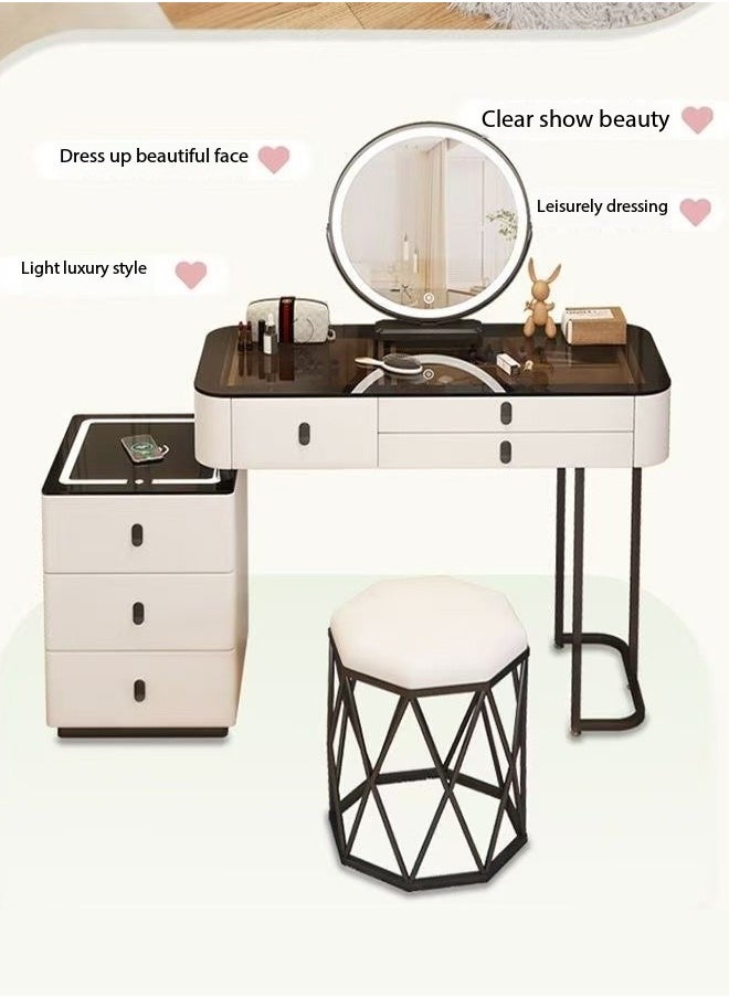 fashionhome Set of 2 Smart Dressing Table and Vanity Stool Set Multifunction Vanity Makeup Desk with HD Adjustable Tri Color LED Lights Mirror Wireless Charging Bluetooth Speaker Glass Tabletop 5 Drawers Storage and Ergonomically Design Cushioned Comfortable Stool for Living Room Bedroom 150x40x126 (Fully Assembled)  - Image 5