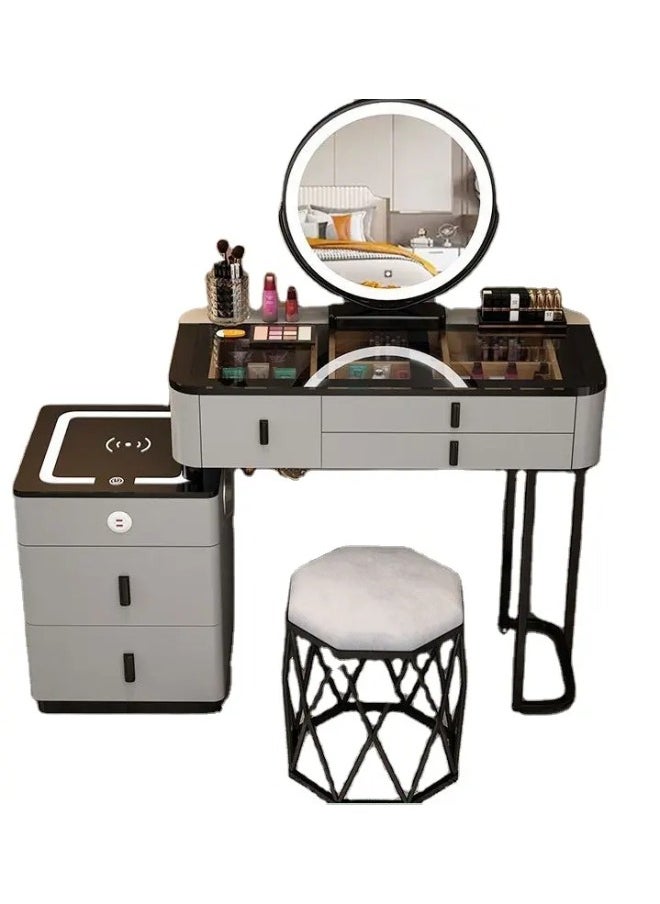 fashionhome Set of 2 Smart Dressing Table and Vanity Stool Set Multifunction Vanity Makeup Desk with HD Adjustable Tri Color LED Lights Mirror Wireless Charging Bluetooth Speaker Glass Tabletop 5 Drawers Storage and Ergonomically Design Cushioned Comfortable Stool for Living Room Bedroom 150x40x126 (Fully Assembled)  - Image 4