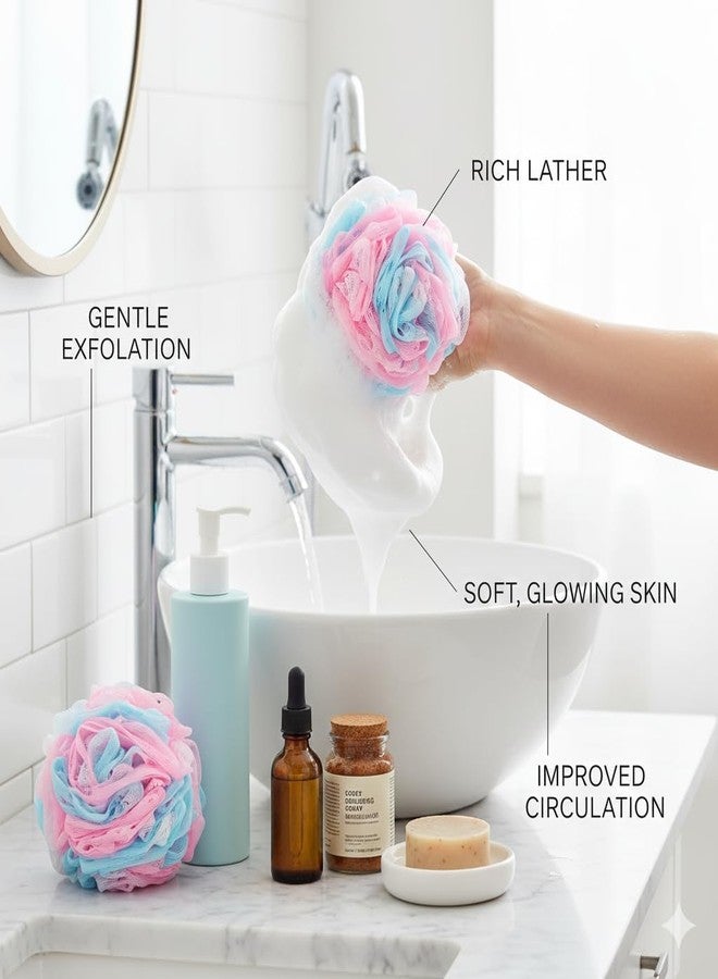 Premium Bath Loofah for Women & Men | Pack of 2 Soft Body Scrubber for Bathing | Gentle Exfoliating Shower Puff | Random Colours | THE BODY FRESH® - Image 2