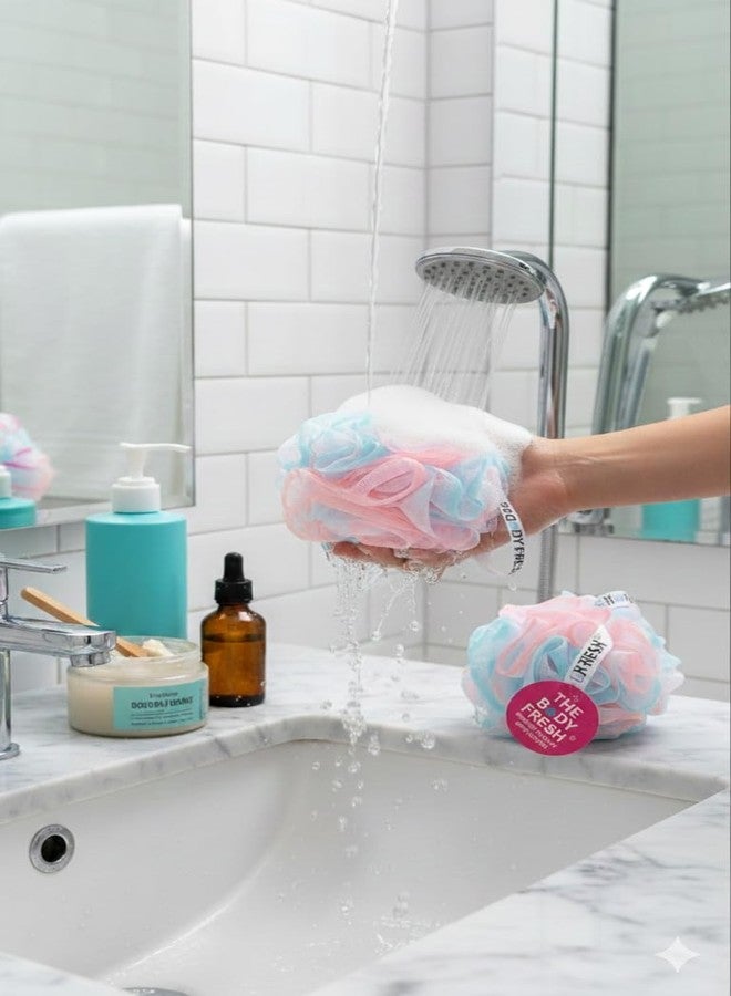 Premium Bath Loofah for Women & Men | Pack of 2 Soft Body Scrubber for Bathing | Gentle Exfoliating Shower Puff | Random Colours | THE BODY FRESH® - Image 4