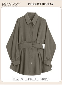roaiss Solid Corset Shirt Dress for Women Ruched Elastic High Waisted Tunic Long Sleeve Blouse Dress Lady Casual Button Breasted down Flowy Comfortable Dresses for Ladies Elegant Temperament Casual Outfit  - Image 4