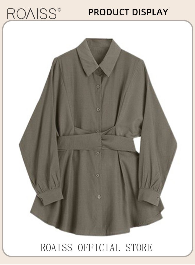 roaiss Solid Corset Shirt Dress for Women Ruched Elastic High Waisted Tunic Long Sleeve Blouse Dress Lady Casual Button Breasted down Flowy Comfortable Dresses for Ladies Elegant Temperament Casual Outfit - Image 4