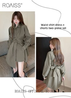 roaiss Solid Corset Shirt Dress for Women Ruched Elastic High Waisted Tunic Long Sleeve Blouse Dress Lady Casual Button Breasted down Flowy Comfortable Dresses for Ladies Elegant Temperament Casual Outfit  - Image 3