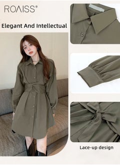 roaiss Solid Corset Shirt Dress for Women Ruched Elastic High Waisted Tunic Long Sleeve Blouse Dress Lady Casual Button Breasted down Flowy Comfortable Dresses for Ladies Elegant Temperament Casual Outfit  - Image 5