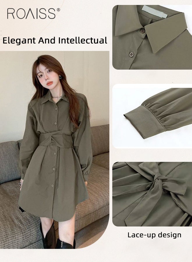 roaiss Solid Corset Shirt Dress for Women Ruched Elastic High Waisted Tunic Long Sleeve Blouse Dress Lady Casual Button Breasted down Flowy Comfortable Dresses for Ladies Elegant Temperament Casual Outfit - Image 5