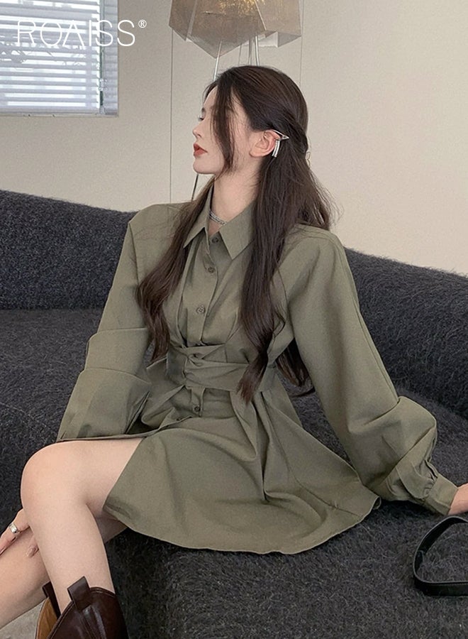 roaiss Solid Corset Shirt Dress for Women Ruched Elastic High Waisted Tunic Long Sleeve Blouse Dress Lady Casual Button Breasted down Flowy Comfortable Dresses for Ladies Elegant Temperament Casual Outfit - Image 2