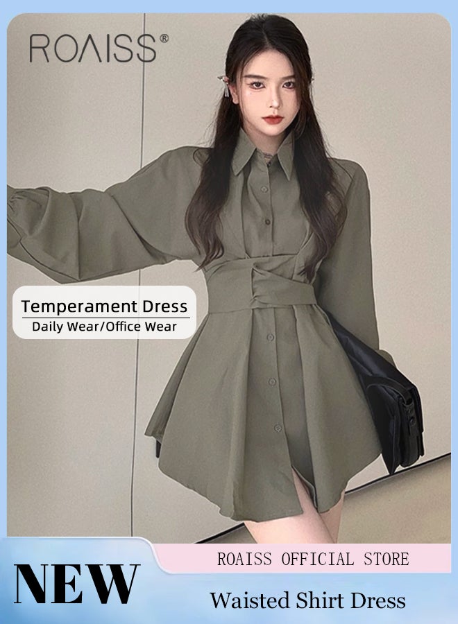 roaiss Solid Corset Shirt Dress for Women Ruched Elastic High Waisted Tunic Long Sleeve Blouse Dress Lady Casual Button Breasted down Flowy Comfortable Dresses for Ladies Elegant Temperament Casual Outfit - Image 1