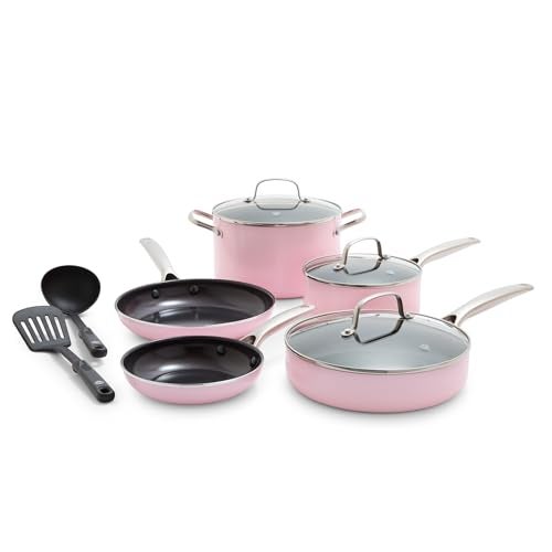 Blue Diamond 10 Piece Nonstick Cookware Set, Diamond Ceramic Pots & Pans, Dishwasher & Metal Utensil Safe, Non Toxic PFAS-Free, Kitchen Cooking Sauce & Saute Pans, Oven & Broiler to 600F, Pink - Image 1