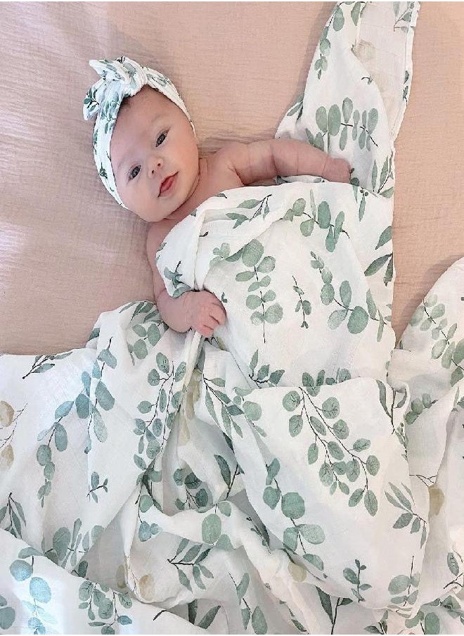 LifeTree - LifeTree Newborn Swaddle Set with Matching Hat and Headband Bow, Wooden Birth Announcement Card, Muslin Baby Swaddle Blankets for Boys & Girls, Eucalyptus Pattern - Image 1