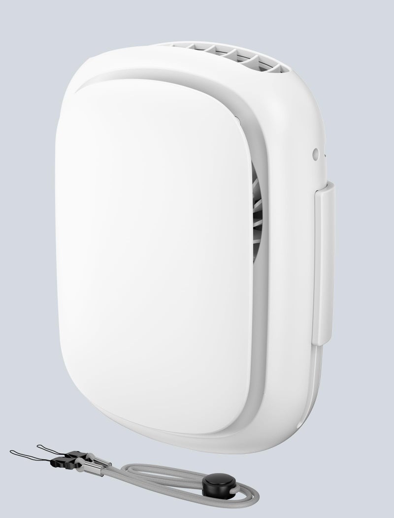 Mini Portable Waist Belt Clip Fan with 3 Speeds Battery Operated Shirt Cooler Personal Necklace Air Conditioner Handsfree DesignWearable Rechargeable Quiet Include Lanyard White
