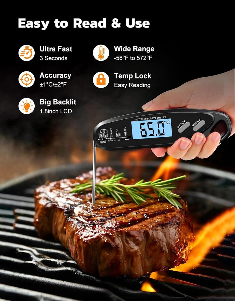 Vuwwey Instant Read Meat Thermometer Digital for Cooking & Grilling with Dual Probe, Big Backlit Screen & Auto-Calibration, Food Thermometer for Grill, Smoker, BBQ, Oven, Candy, Oil Fry, Griddle - Image 3