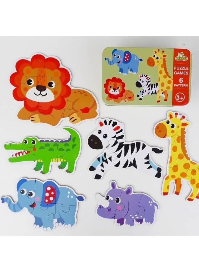 6-in-1 Jungle Animal Puzzles for Toddlers in Metal Box – 25-Piece Wooden Pattern Blocks Set (Lion, Giraffe, Elephant, Zebra, Crocodile, Rhino) – Montessori Educational Travel Toy for Kids Ages 3+ - Image 1
