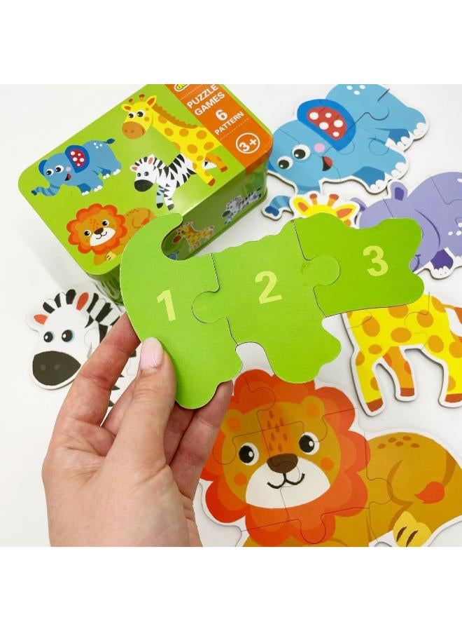 6-in-1 Jungle Animal Puzzles for Toddlers in Metal Box – 25-Piece Wooden Pattern Blocks Set (Lion, Giraffe, Elephant, Zebra, Crocodile, Rhino) – Montessori Educational Travel Toy for Kids Ages 3+ - Image 2