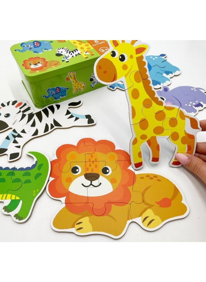 6-in-1 Jungle Animal Puzzles for Toddlers in Metal Box – 25-Piece Wooden Pattern Blocks Set (Lion, Giraffe, Elephant, Zebra, Crocodile, Rhino) – Montessori Educational Travel Toy for Kids Ages 3+ - Image 3