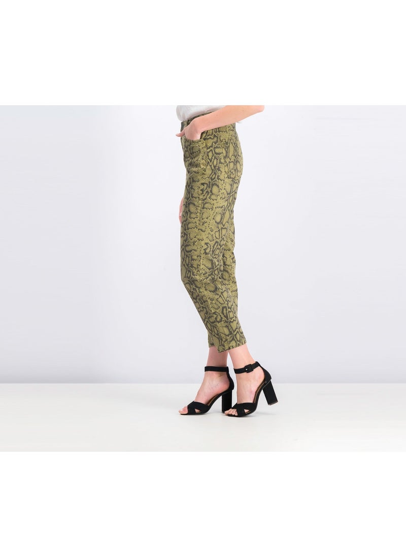 Bershka Women High Rise Snakeskin Jeans, Olive Green Combo  - Image 3