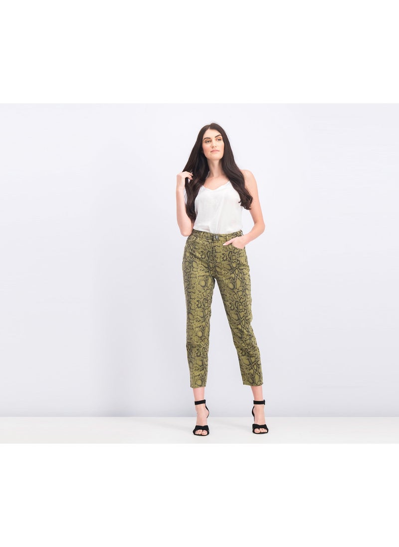 Bershka Women High Rise Snakeskin Jeans, Olive Green Combo  - Image 4