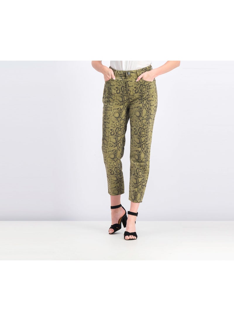 Bershka Women High Rise Snakeskin Jeans, Olive Green Combo  - Image 1