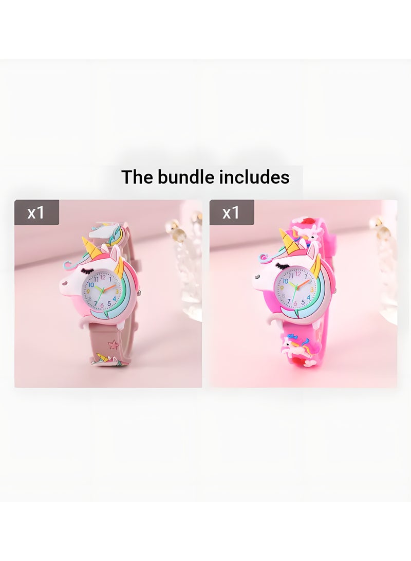 ليكسادا 2 قطعة ساعة كرتونية رائعة للفتيات والأولاد من رسوم متحركة رائعة من يونيكورن - حزام وهيكل من السيليكون الوردي، حركة كوارتز، بطارية بأزرار غير قابلة لإعادة الشحن - تصميم لطيف ومبتكر مع لمسات ملونة، أغراض يونيكورن للفتيات (وردي وأحمر وردي) - Image 5