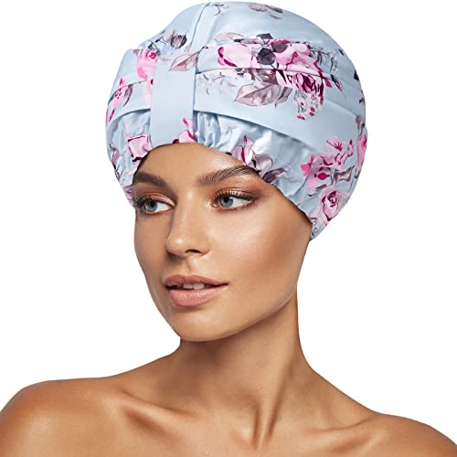 INNELO Luxury Shower Cap for Women Reusable Waterproof, Double Layered Shower Hair Cap with Adjustable Elastic Strap, Large Satin Lined Shower Bath Cap for Long Curly Straight Hair, Blue-Flower - Image 1