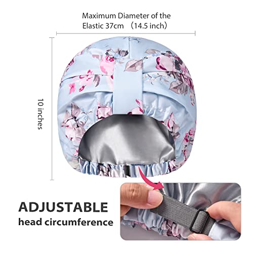 INNELO Luxury Shower Cap for Women Reusable Waterproof, Double Layered Shower Hair Cap with Adjustable Elastic Strap, Large Satin Lined Shower Bath Cap for Long Curly Straight Hair, Blue-Flower - Image 3