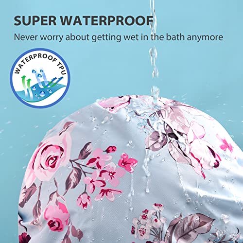 INNELO Luxury Shower Cap for Women Reusable Waterproof, Double Layered Shower Hair Cap with Adjustable Elastic Strap, Large Satin Lined Shower Bath Cap for Long Curly Straight Hair, Blue-Flower - Image 2