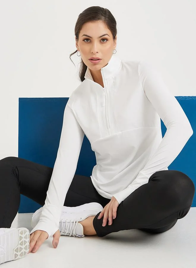 Styli Active  Half Zip Up Multi Panel Seam Thumbhole Detail Top for Women | Best Price UAE